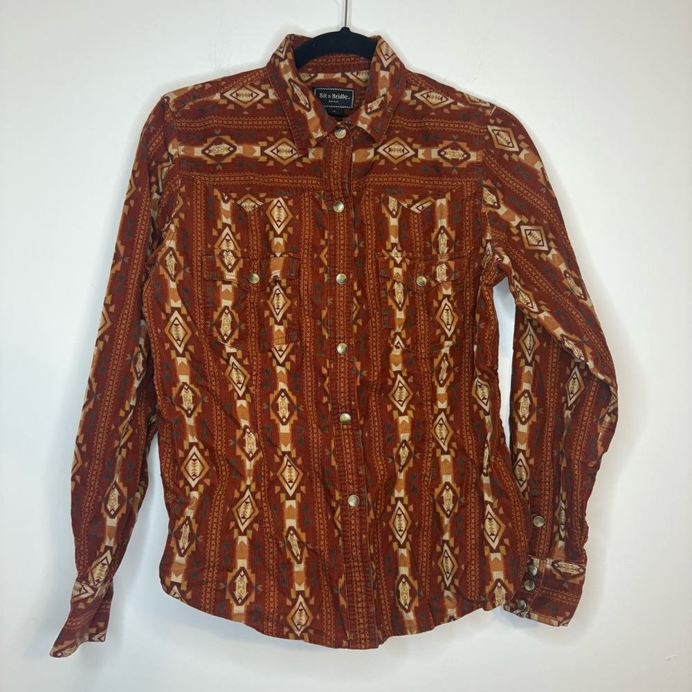 Bit & Bridle For Her Corduroy Western Brown Long Sleeve Button Down Size M - Picture 1 of 8